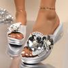 Slope Heel Cool Slippers Women's 2025 Summer New Rhinestone Flower Fish Mouth Slippers Thick Bottom Muffin One-word Drag Women