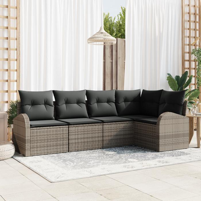 Ensemble de canapé de jardin vidaXL 5 pièces avec coussins gris poly rattan, Canapé de jardin 2 places vidaXL avec rangement 3354708