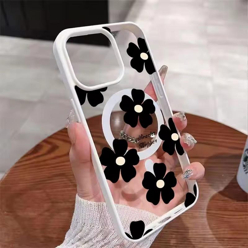 For Samsung S26 S25 Ultra Black Floral Pattern Phone Case for Galaxy S25 FE S26 S24 S23 Plus Magnetic Wireless Charging Cover