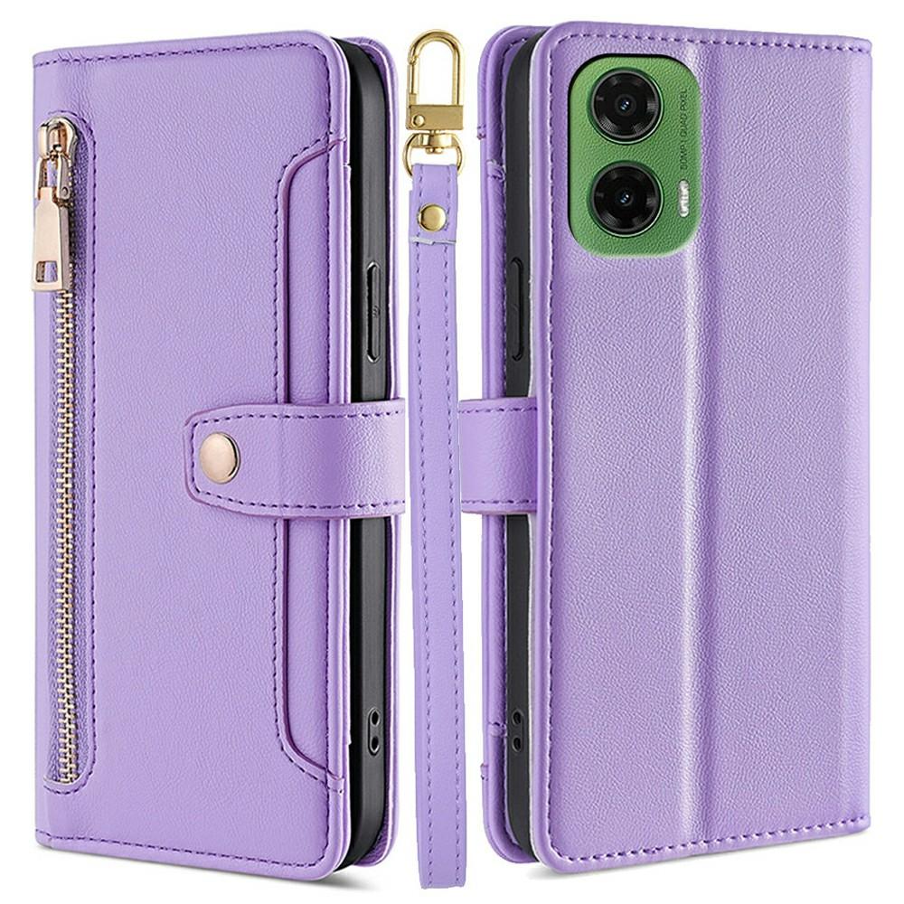 For Motorola Moto G35 5G Leather Case Zipper Pocket Wallet Phone Cover with 2 Straps
