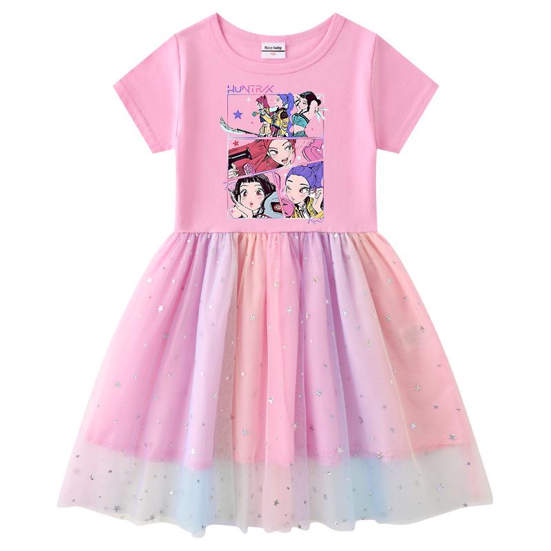 Korean-Style Kpop Demon Slayer Girls' Princess Dress – Short Sleeve Mesh for Summer, Long Sleeve for Spring/Autumn