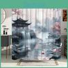 1pc Landscape Curtain Shower Asian Serene Watercolor Art With Misty Mountains Cherry Blossoms Pagoda Waterfall For Lotus