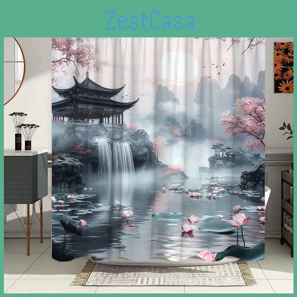 1pc Landscape Curtain Shower Asian Serene Watercolor Art With Misty Mountains Cherry Blossoms Pagoda Waterfall For Lotus