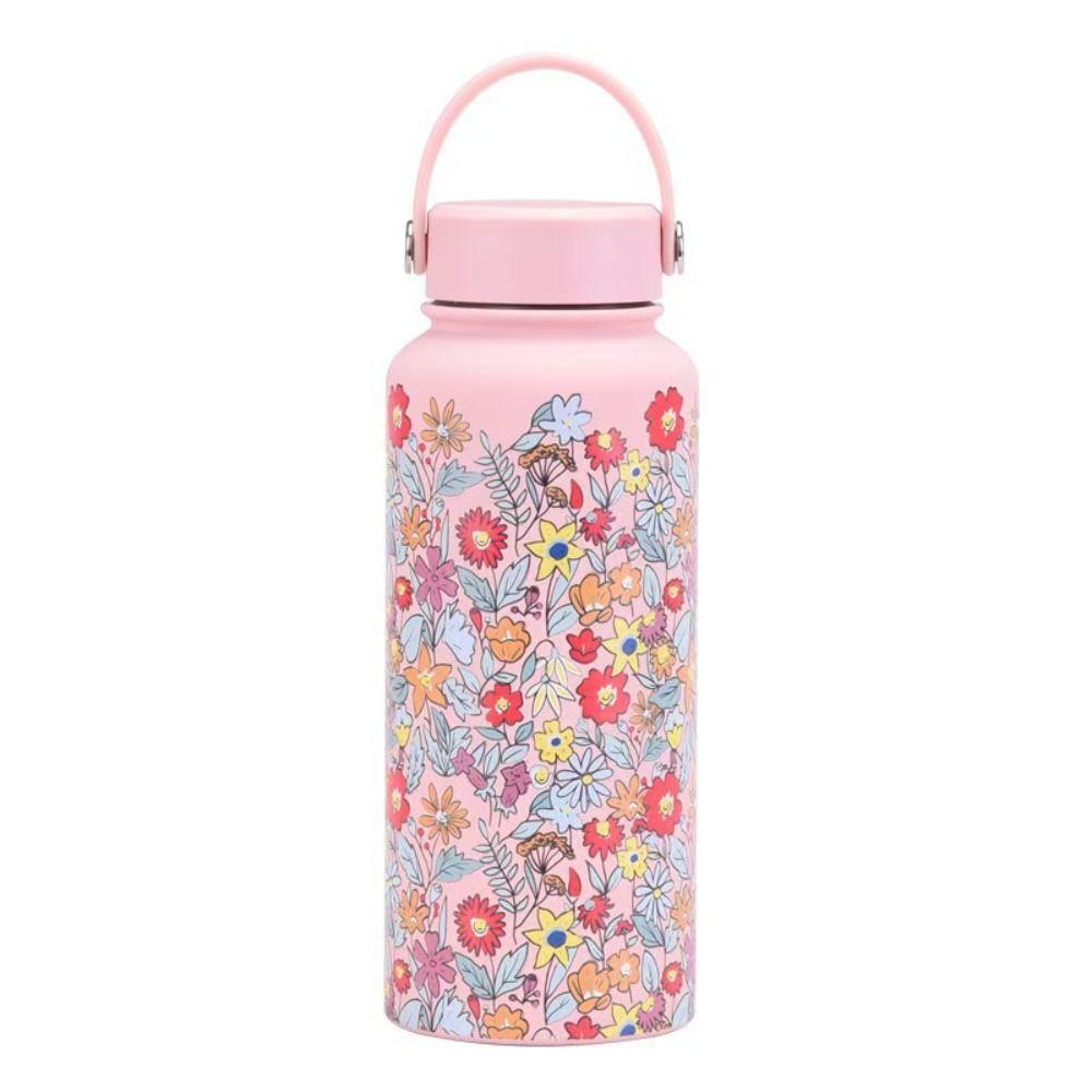 1L Outdoor Insulated Mug Creative Floral Insulated Bottle Drinkware Thermal Water Bottle  Household