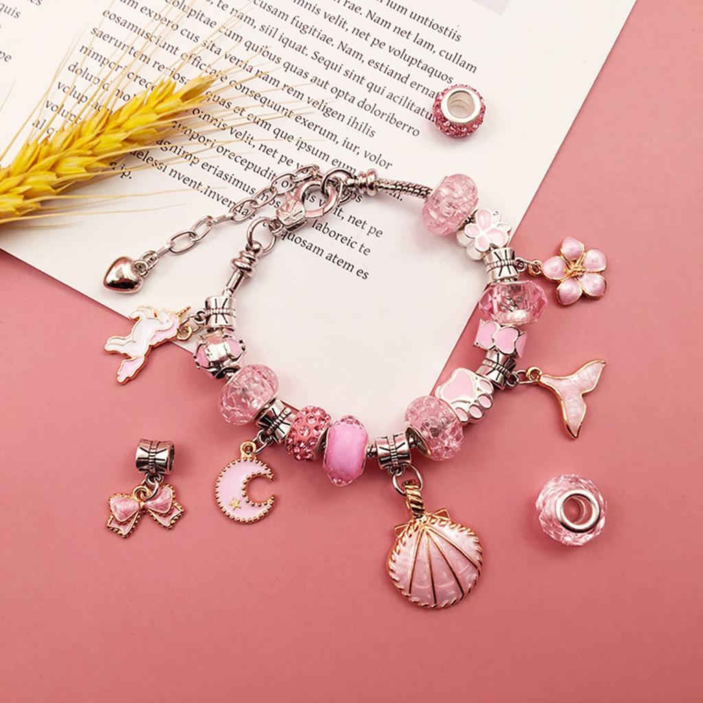 Sitengle Accessory Set for Bracelet Stylish Christmas Gift Kit, 66-Piece Making, Charms, Beading, Birthday, (Pink)
