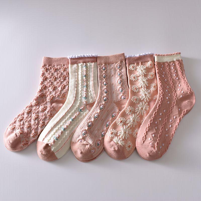 5 Stück/weiße florale Mid-Tube-Socken für Damen, trendige japanische Pudernebelfarbe, Student Loli Spring, dünner Abschnitt, JK-Socken, Pink, Neu