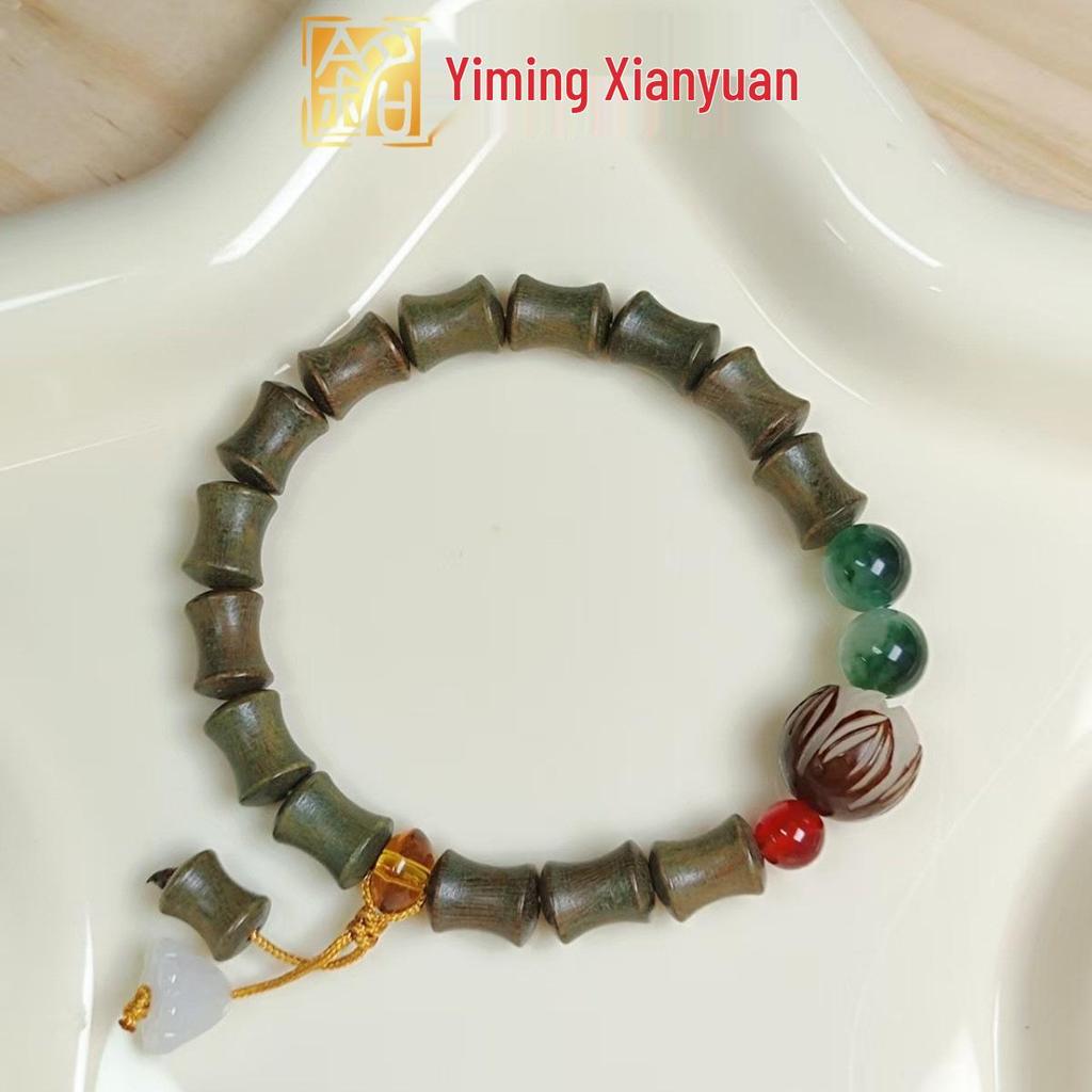 Yi Ming Xian Yuan Lotus Pod Green Sandalwood Beaded Bracelet | Bamboo Joint Design | New Chinese Couple Style Prayer Bracelet