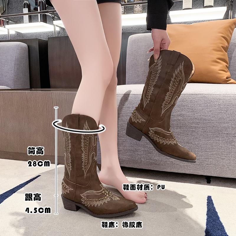 Fashion Women's Embroidered Western Mid Calf Boots Cowboy Square Heels Boots Pointed Toe Platform Boots Women Western Shoes