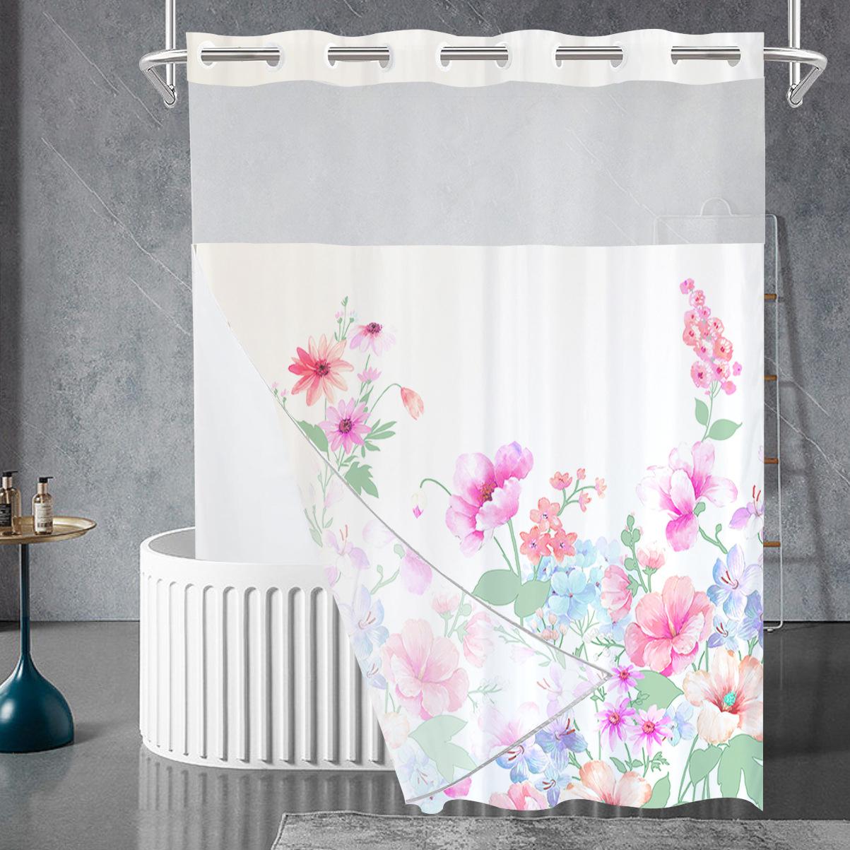 

Занавеска для душа 3-в-1 без крючка с набором тканевых подкладок, занавеска с цветком в гостиничном стиле для ванной комнаты, тканевая занавеска для душа W137cm*L203cm(54“*80”)
