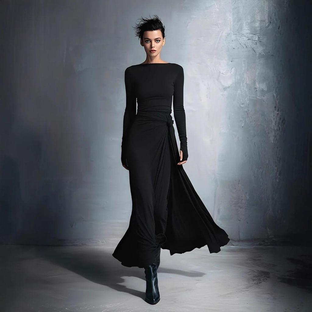 Autumn 2025 European & American One-Shoulder Twist Waist Maxi A-line Dress