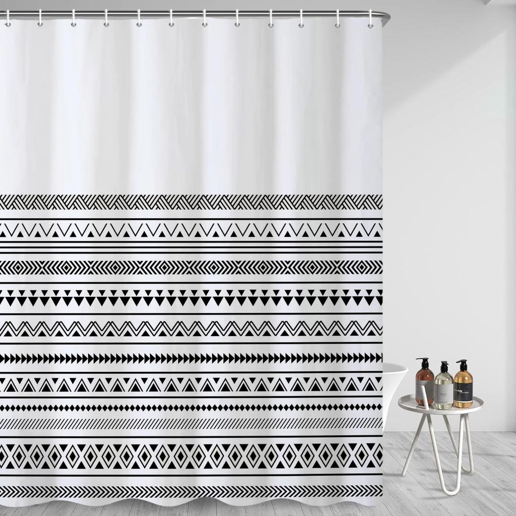 Black and White Shower Curtain, Modern Striped Wavy Line Bathroom Curtain Abstract Geometric Art Waterproof Fabric Bathtub