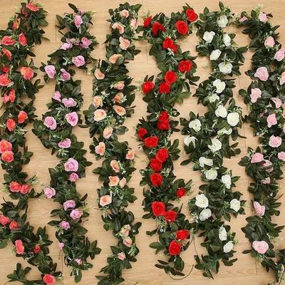 2024 Vine Hanging Silk Artificial Rose Flowers for Wall Christmas Fake Plants Leaves Garland Romantic Wedding Home Decoration