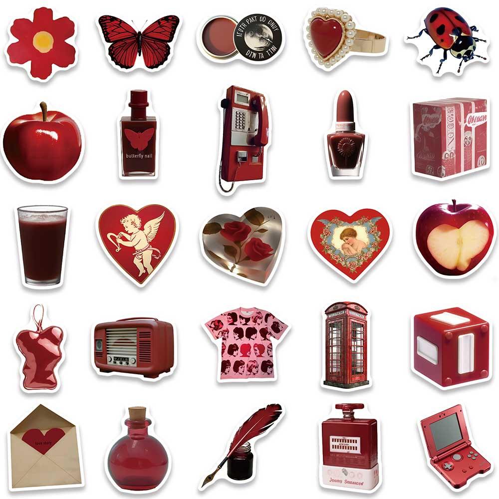 50 Red Retro Graffiti Stickers Decorate Guitar Notes Suitcase DIY Waterproof