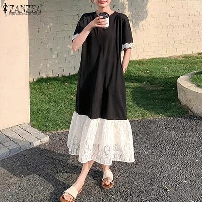 Damen Spitzen-Patchwork Lässiges Rundhals-Kurzarm-Langes Kleid