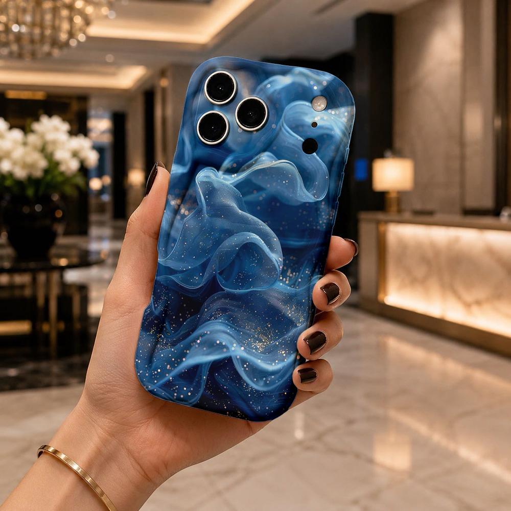 Dark Blue Gold Glitter Smoke Fluid Art Phone Case For iPhone 16 15 14 Pro Max 13 12 11 Mini Wavy Edge Frame Cover