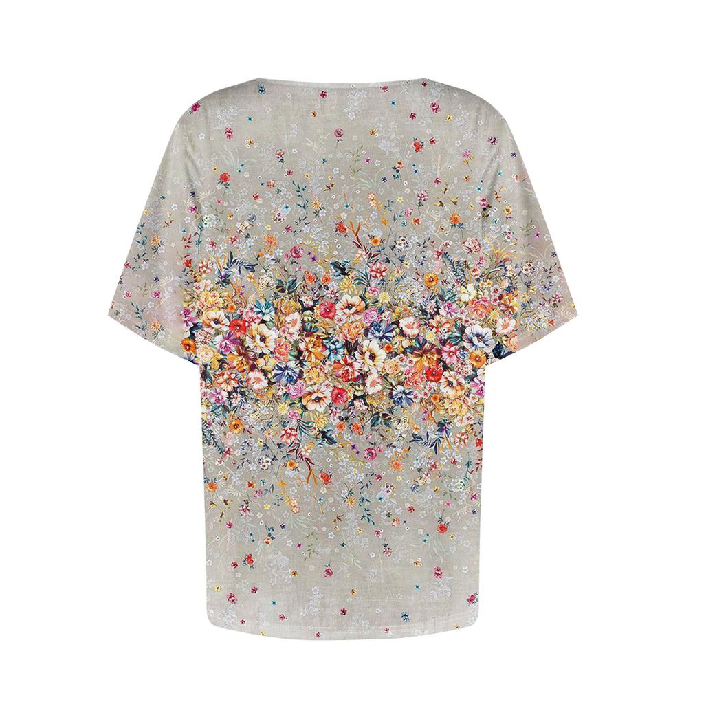 Damen T-Shirt mit lässigem Print, asymmetrischem Halsausschnitt, kurzen Ärmeln, dekorativen Knöpfen