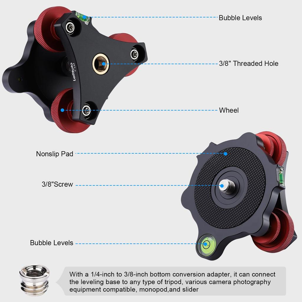 Leftfoto Tripod Leveler Base with /-5 Degree Precision Adjustment 3/8 Inch Screw Bubble Levels Aluminum Panoramic Leveling Head for Seestar S50