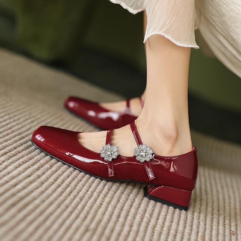 Krazing Pot Sheepskin Spring Summer Size 41 Thick Low Heels Mary Janes Women Square Toe Crystal Flowers Pumps
