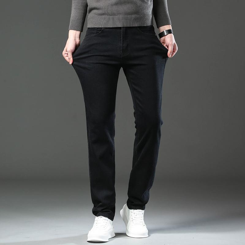 Podzimní Nové Silné Čistě Černé Pánské Džíny Strečové Slim Fit Všestranné Kalhoty Kalhoty s Rovnou Nohavicí High-End Ležérní