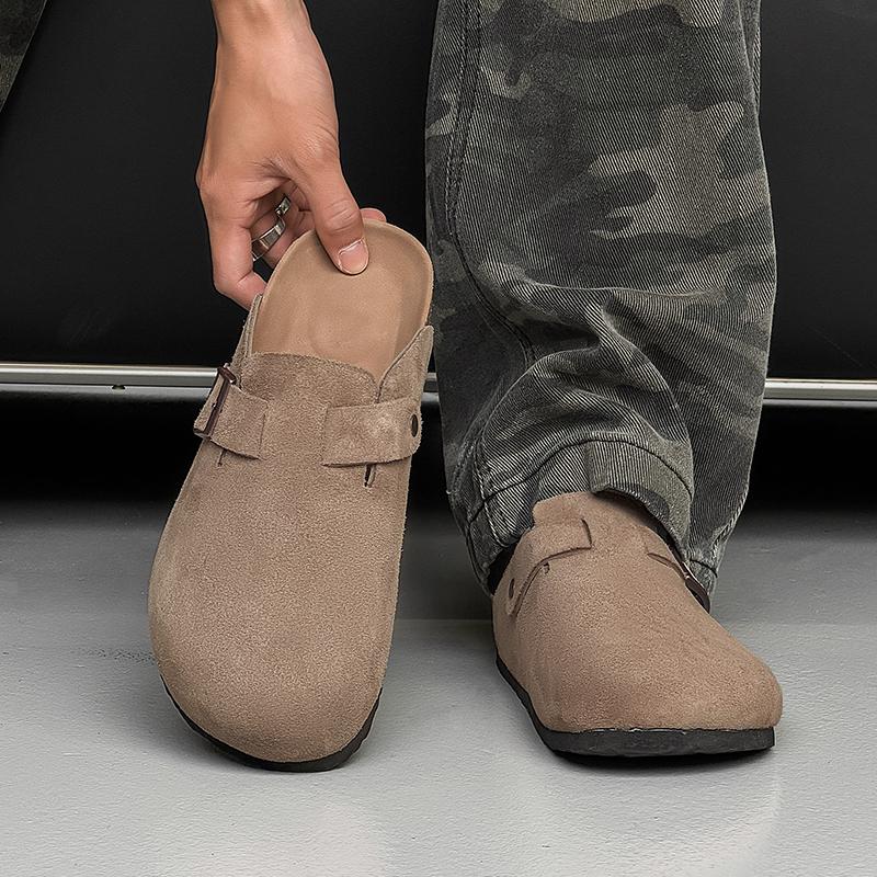 Half Shoes For Men Mules Suede Leather Loafers Slippers Open-Back Casual Shoes Backless Slides Sandal Platform Slip On Flats