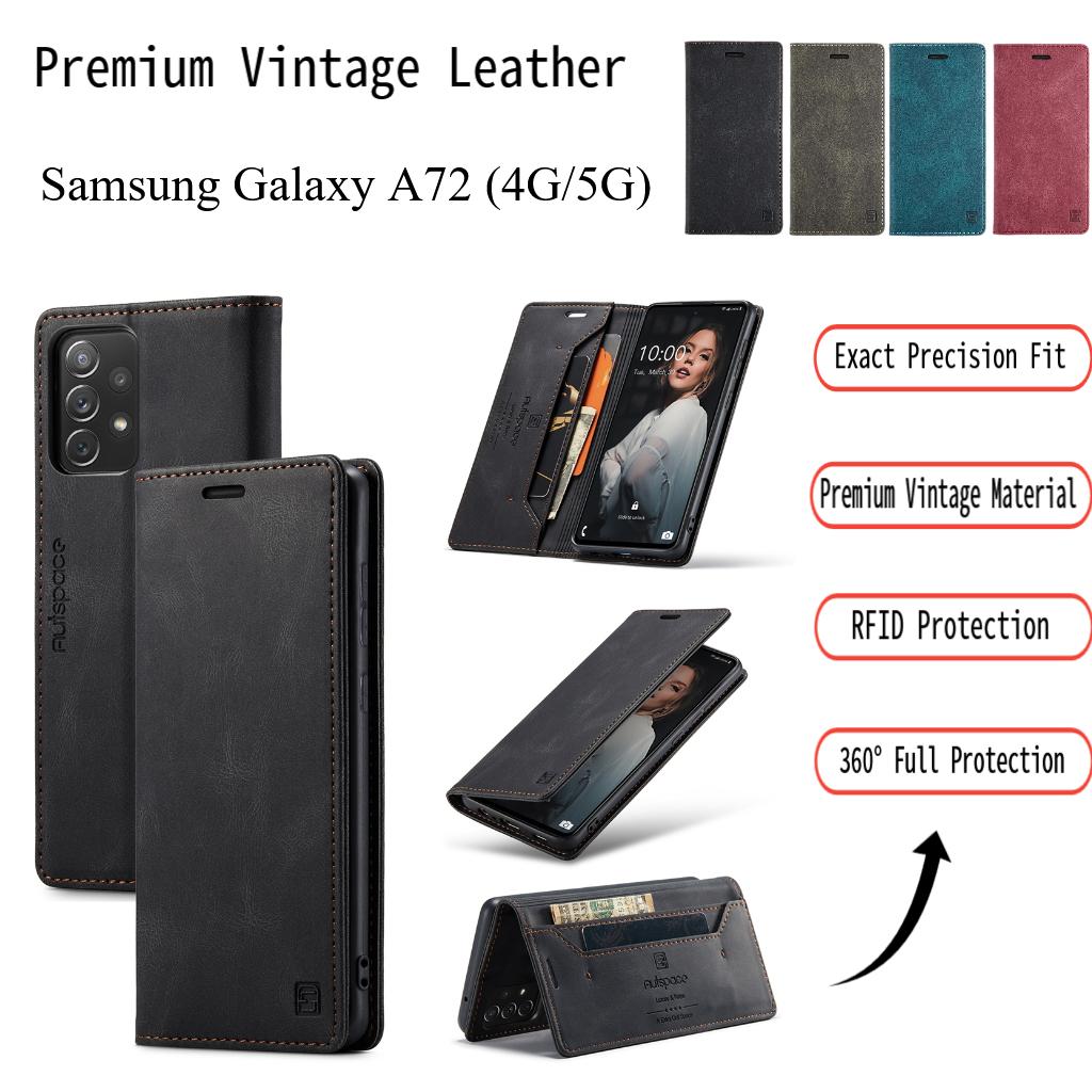Premium Vintage Leather Wallet Case for Samsung Galaxy A72 4G/5G - RFID Protection Flip Cover with Card Slots, Shockproof Retro Style (4 Colors)