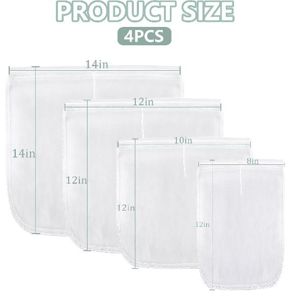 4PCS Nut Milk Bag, Food Grade Nylon Cheese Cloth Bag, Straining Reble Fine Mesh Strainer for Tea, Yogurt, Juice, Cheese, Soup, Herbs, Vegetable Juice