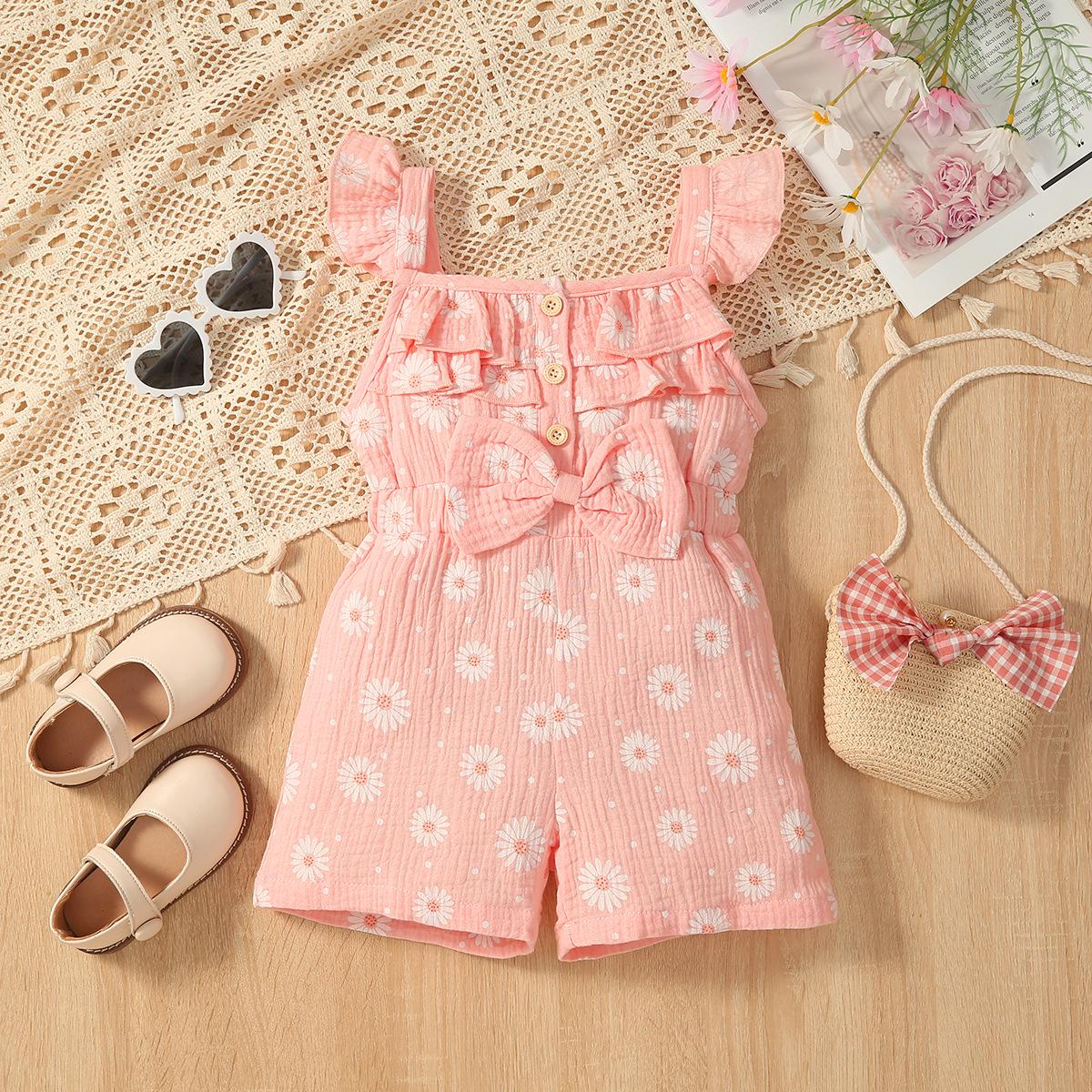 Summer Daisy Print Flutter Sleeve Girls Jumpsuit with Bow Trim 5-6 Years/Size 130