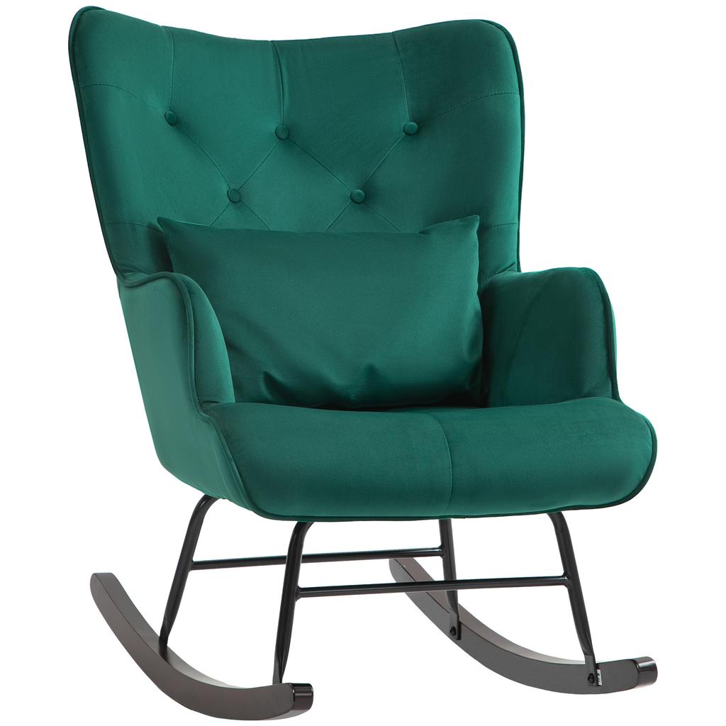 Velvet Rocking Armchair with High Backrest, Rocking Chair with Cushion and Armrests for Living Room and Bedroom, Green