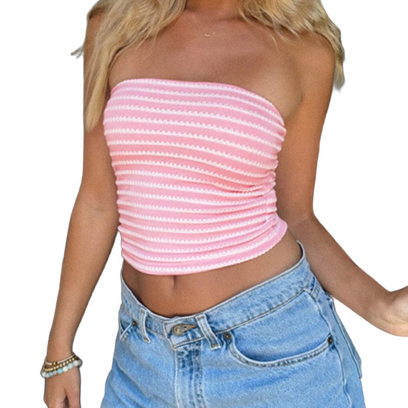 Sweet & Spicy Pink Striped Sleeveless Slim-fit Bandeau Top for Spring/Summer