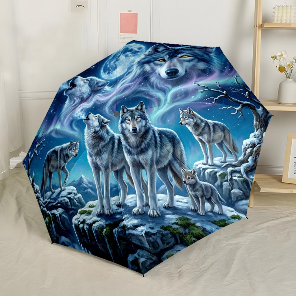 Automatischer Outdoor-Regenschirm „Autumn Wolf Majesty“ mit 8 Streben aus robustem Kunststoff und Eisen – perfekt für Outdoor-Abenteuer und ein stilvolles Accessoire.