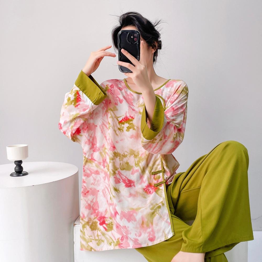 Spring/Summer new cotton silk new Chinese floral print pajamas, women's frog button loungewear, cotton silk set, vintage national style