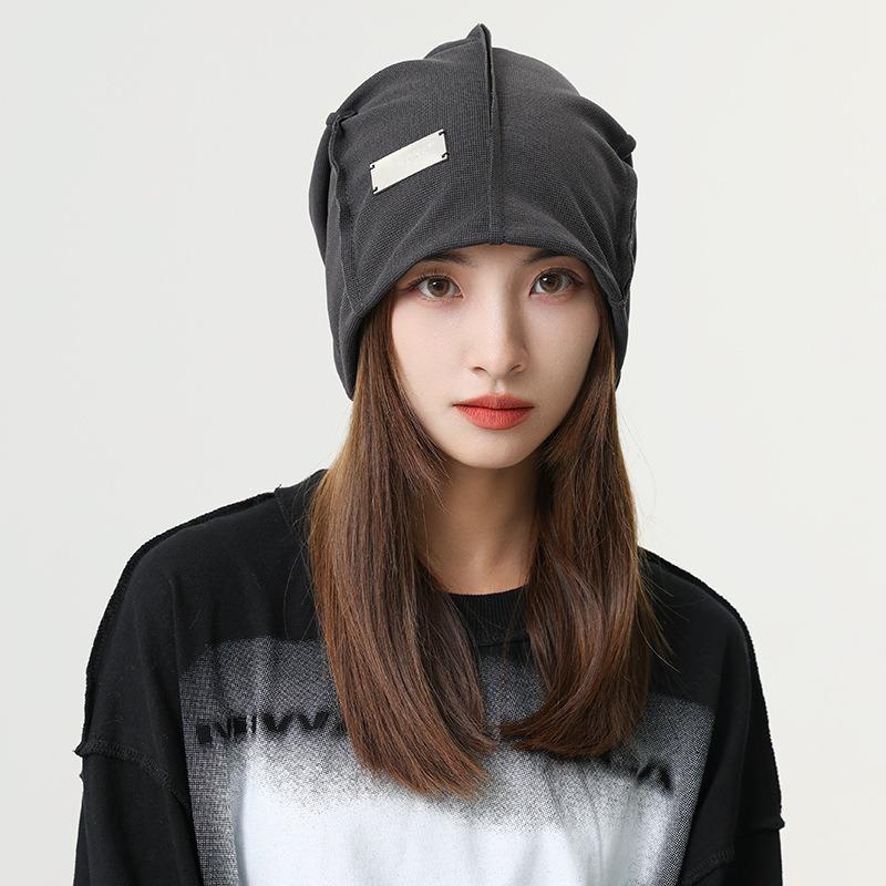 Pure cotton metal knitted stacking hat women's autumn and winter big head circumference showing face small fashion street pullover hat