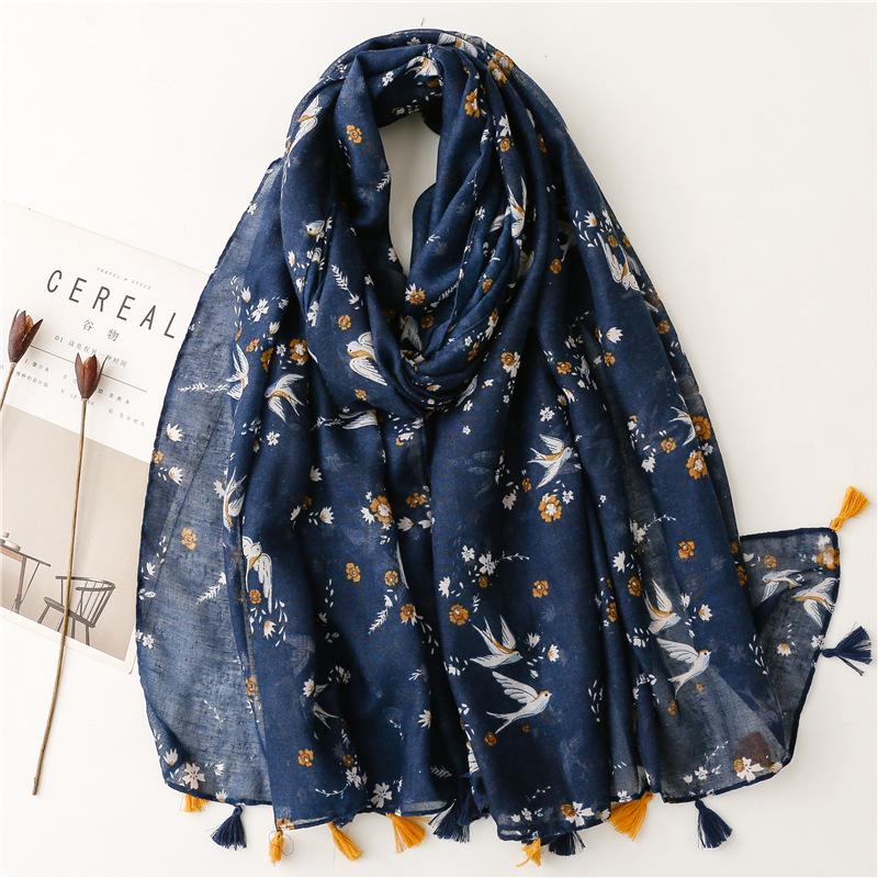 Spain Lovely Polka Floral Line Tassel Viscose Shawl Scarf Lady High Quality Wrap Thin Pashmina Stole Muslim Hijab 180*90Cm