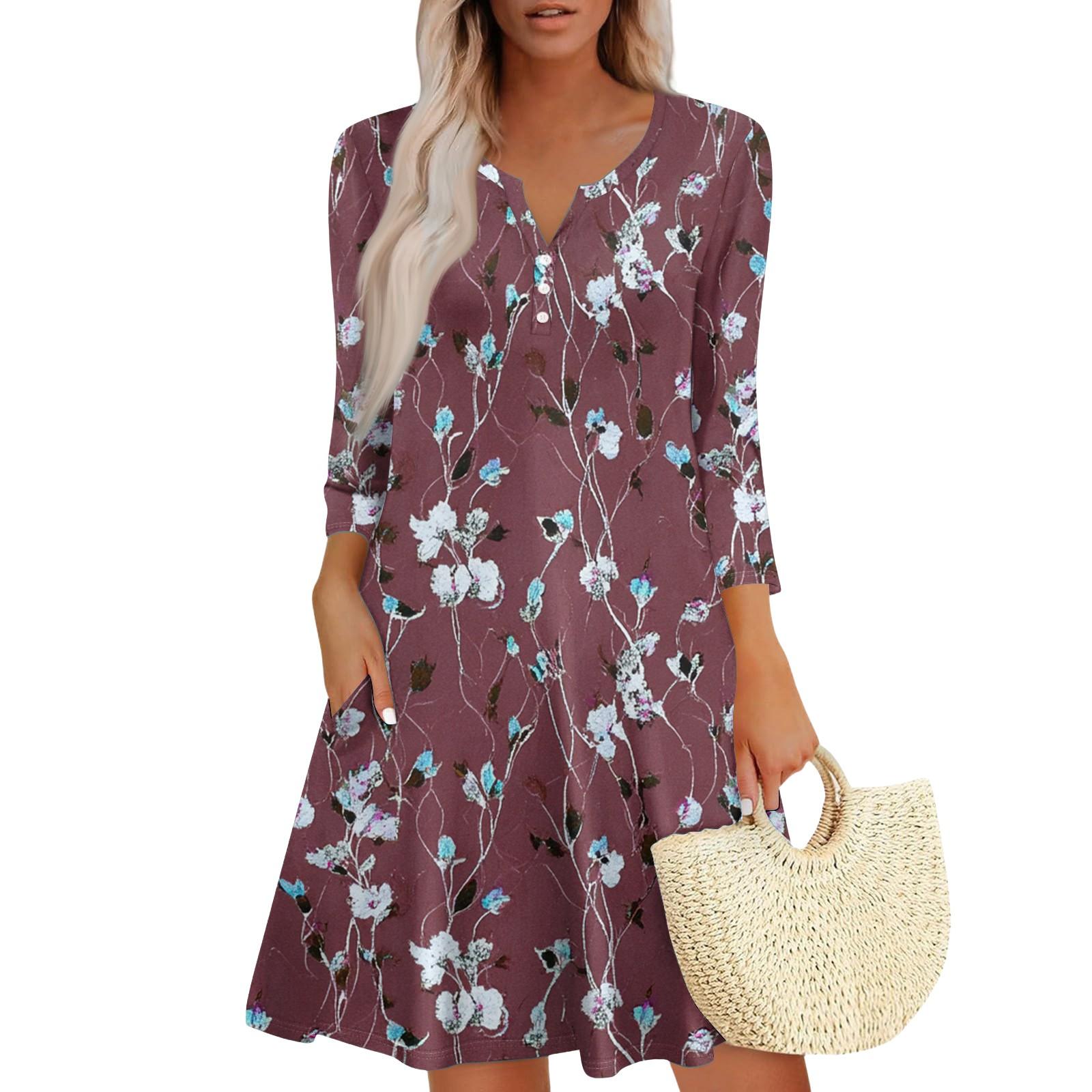 

Women s Fashionable V-Neck Button Seven Part Cuff Pocket Floral Dress XL винний