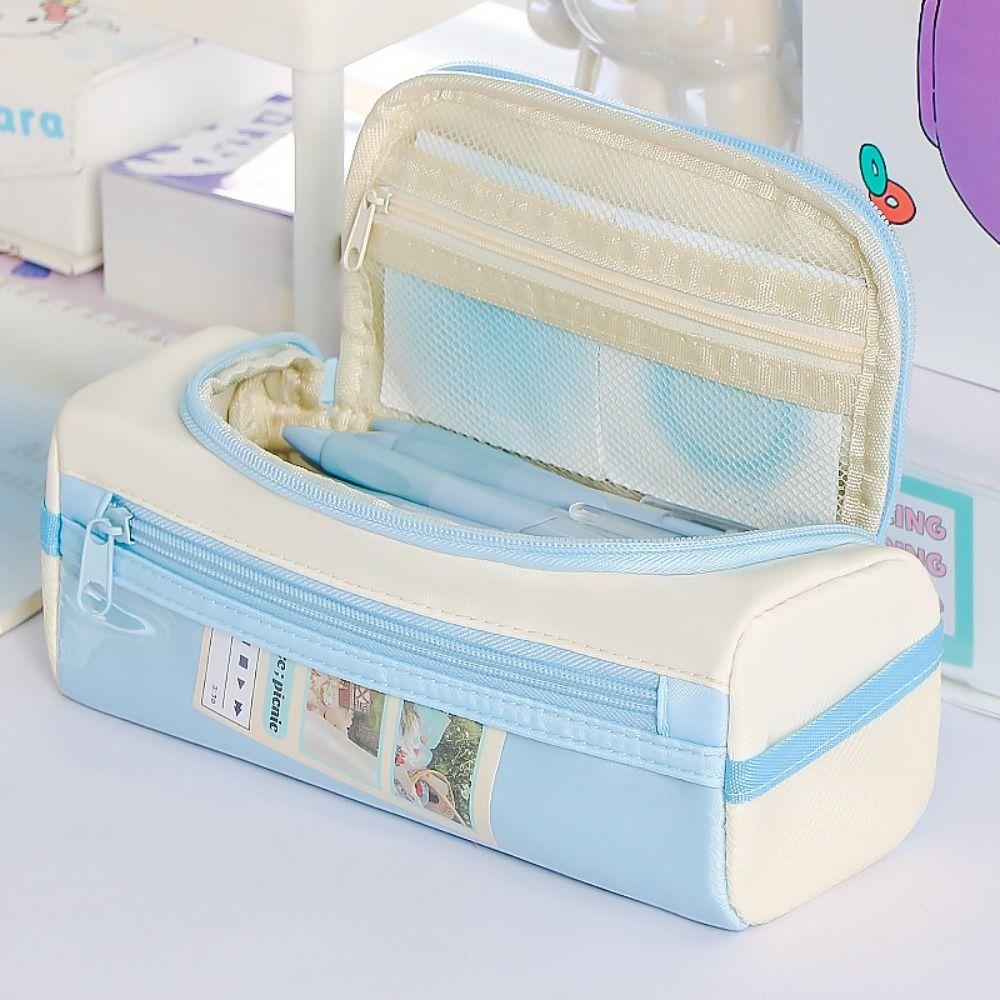 Durable Star Pattern Pen Bag Zipper Design Handheld Stationery Bag Large Capacity Pencil Case School Office