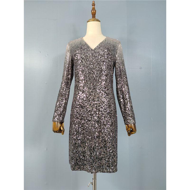 

Блестящее серебристое черное платье с длинными рукавами и V-образным вырезом с пайетками Black Silver Sequin L