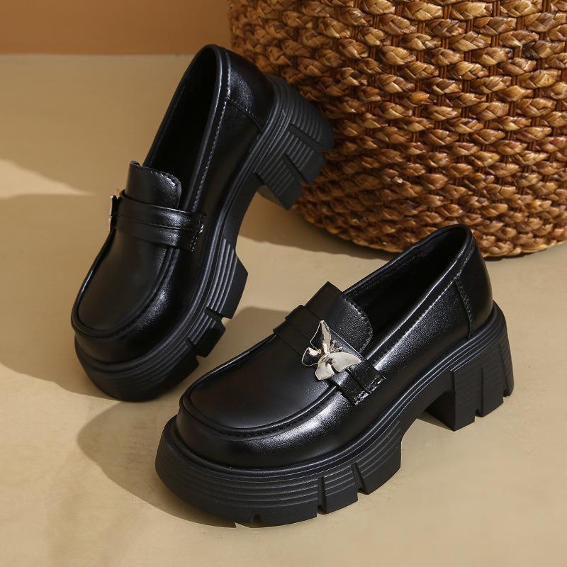 Thick-soled heightening women's spring new black small leather shoes, one-pedal single shoes women