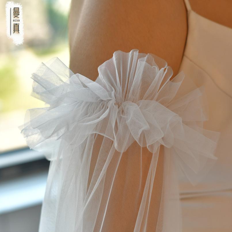Detachable Off Shoulder Ruffle Tulle Long Train Arm Sleeves Maxi Floating Sheer Bridal Cuffs For Strapless Mermaid Wedding Gown Photoshoot