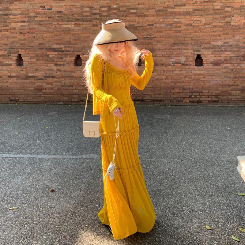 Temperament Show White Yellow Sling Dress Seaside Tourism Plus size Chubby Girl Loose Belly Covering Large Skirt Atmosphere Long dress Yellow Jacket 2XL
