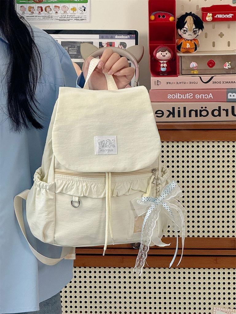 Schoolbag Korean ins milk mist blue yarn with lace bow drawstring backpack sweet little fairy traveling shopping small backpack