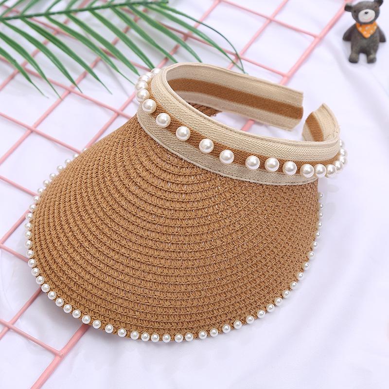 Empty Top Straw Hat Women'S Summer Sun Protection Hat Pearl Headband Hat Outdoor Sports Travel Fashion Sun Hat