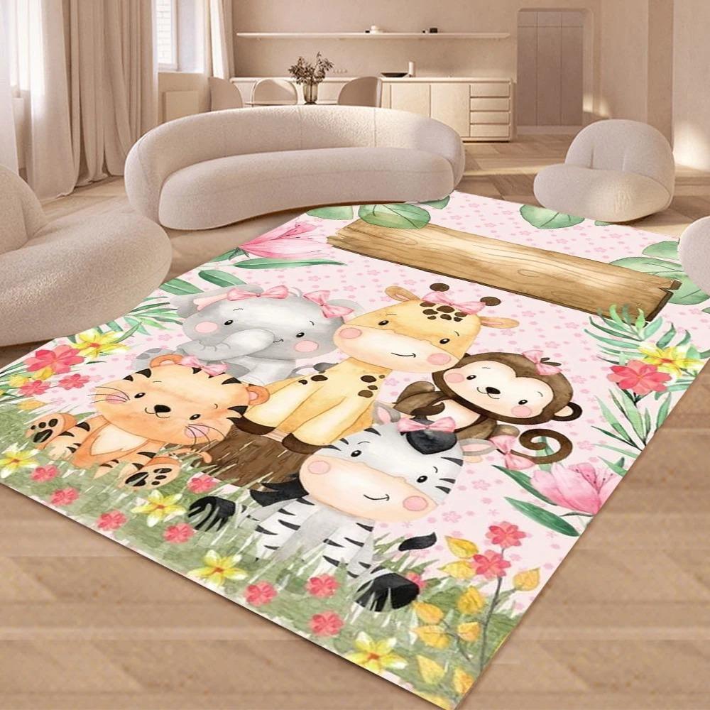 Tappeti Stampati Animali della Giungla 3D Tappeto Floreale Cartone Animato Animali del Safari per Camera da Letto Soggiorno Tappeto Antiscivolo Tappeto per Area Bambini Decorazioni
