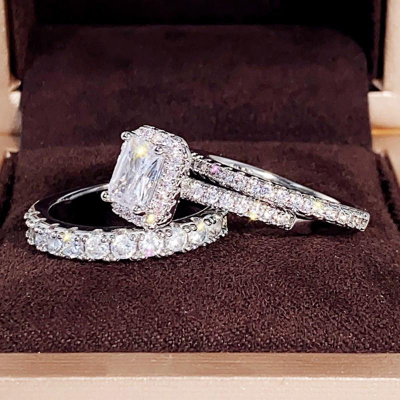 925 Sterling Silver Wedding Set Rings for Women Luxury 3Pcs/Set Sparkling Cubic Zirconia Fashion Engagement Party Jewelry