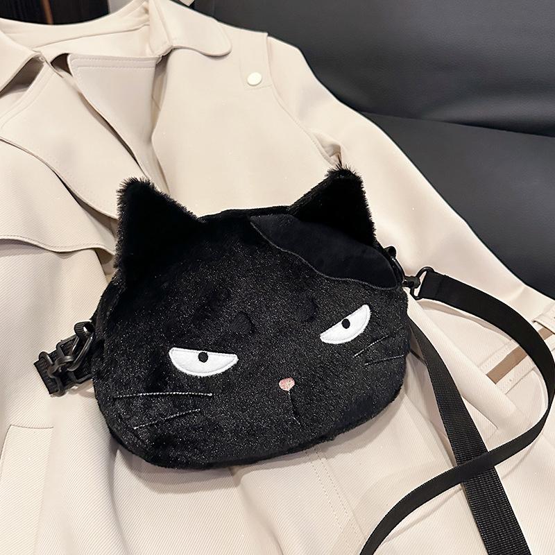 Cute Cartoon Cat Plush Crossbody Bag For Women Funny Black Cat Shoulder Bag Casual Phone Purse Lovely Shoulder Bag Gifts