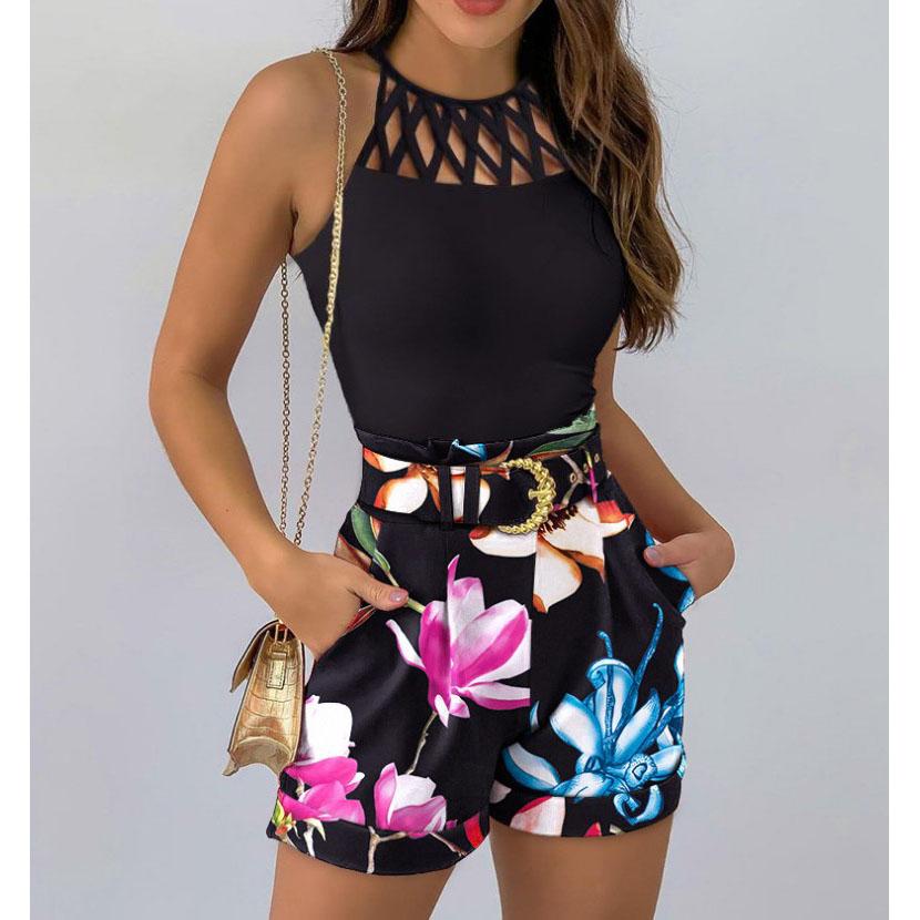Summer Women's 2-piece Set Tank Tops Hollow Out Beach Slim Short Top Shorts Print Casual Hollow Sleeveless Vest Two Piece Suit