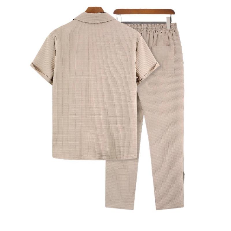 Men's Spring Summer Waffle Texture Two Piece Set Casual Short Sleeve Shirt and Pants Outfit