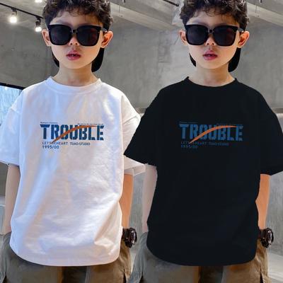 Bomulls-T-shirt för pojkar Kortärmad Stora Barn Sommar Lös Barnkläder 6-12 År Sommarkläder