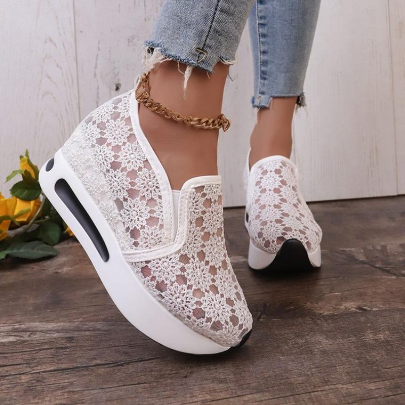 Baskets pour femmes broderie florale maille baskets pour femmes sans lacet décontracté confortable chaussures à talons femme
