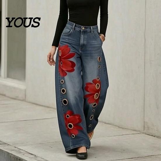 Loose Fit Faux Denim Trousers Women High Waisted Wide Leg Jeans, Vintage Floral Print Relaxed Trousers, Casual Pants with Pockets & Metal Eyelets