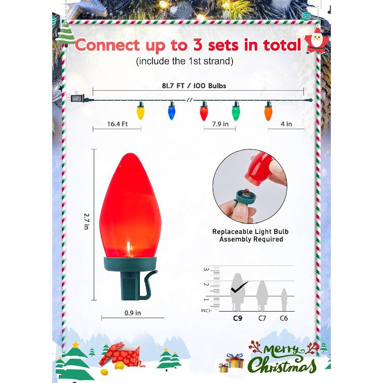 C9 Christmas Lights Outdoor Waterproof, 81 Feet 100 LED C9 String Lights with Timer & 8 Light Mode, Connectable Christmas Tree Lights for Indoor